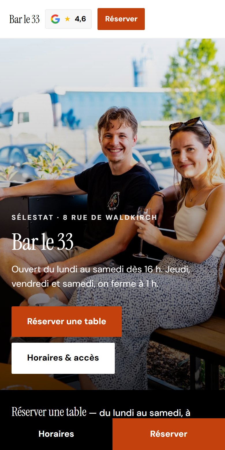 Le site du Bar le 33 sur un téléphone